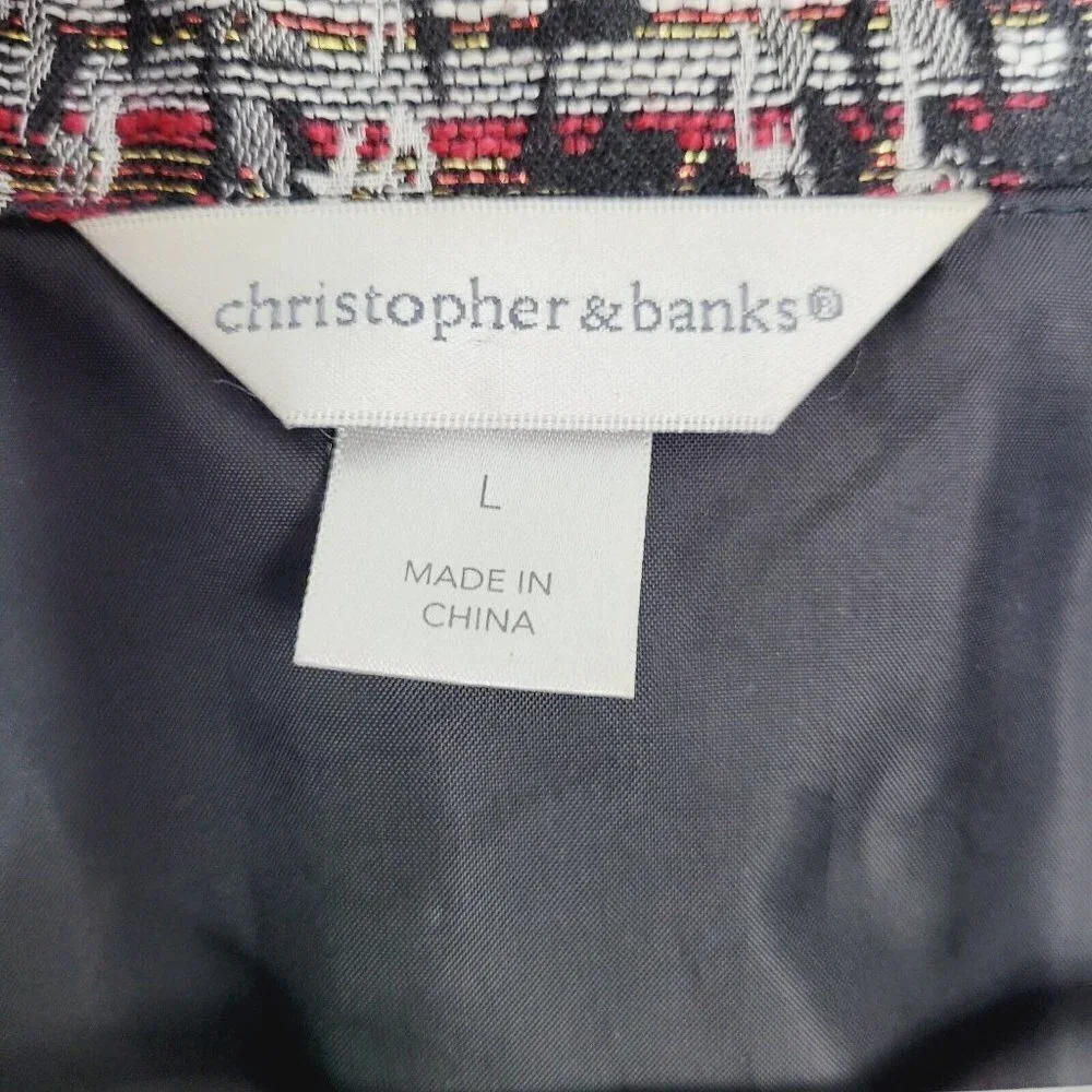 Christopher & Banks Sz Large Jacquard Open Front Jacket Embroidered Red Black